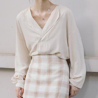 V-neck Blouse / Plaid Mini Pencil Skirt