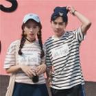 Couple Matching Printed Striped Elbow-sleeve T-shirt