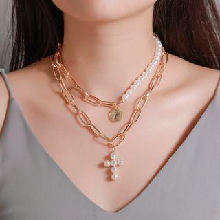 Alloy Faux Pearl Cross Pendant Layered Choker Necklace