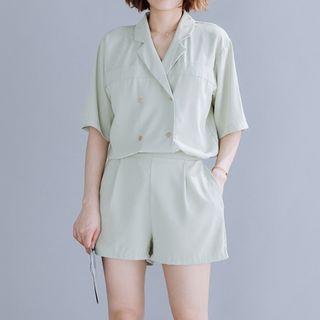 Set: Double Breasted Elbow-sleeve Shirt + Plain Shorts