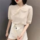 Frill Trim Bow Short-sleeve Stand Collar Loose-fit Chiffon Blouse