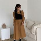 Long-sleeve Plain Midi Dress Khaki - One Size