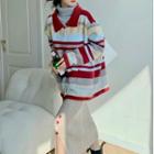 Collared Striped Cardigan / Slit Midi Pencil Skirt
