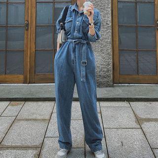 Long-sleeve Denim Tie-waist Jumpsuit