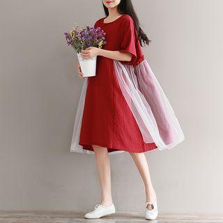 Mesh Panel Elbow-sleeve Midi A-line Dress