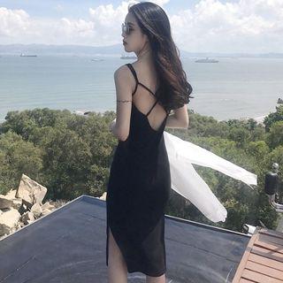Side-slit Open Back Spaghetti Strap Midi Sheath Dress