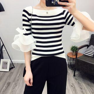 Striped Flounced Elbow-sleeve Knitted Top