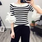 Striped Flounced Elbow-sleeve Knitted Top