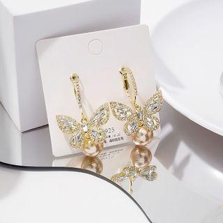 Butterfly Rhinestone Faux Pearl Dangle Earring 1 Pair - E1893-1 - Gold - One Size
