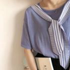 Mock Two-piece Elbow-sleeve Striped Panel Knit Top
