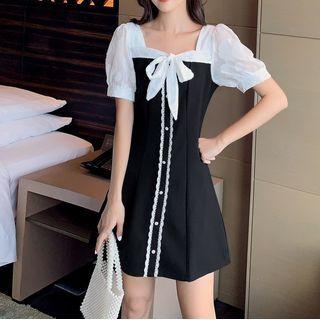 Puff-sleeve Tie-front Mini A-line Dress