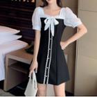 Puff-sleeve Tie-front Mini A-line Dress