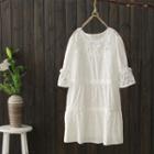 Lace Elbow-sleeve Shift Dress White - One Size
