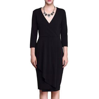 V-neck 3/4-sleeve Ruffled Sheath Dress