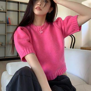 Short-sleeve Plain Knit Top Pink - One Size