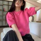 Short-sleeve Plain Knit Top Pink - One Size