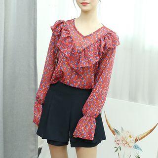 Floral Patterned V-neck Ruffle-trim Chiffon Top
