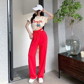 Short-sleeve Cartoon Print T-shirt / Cutout Wide Leg Pants