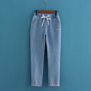 Drawstring Strawberry Embroidered Jeans