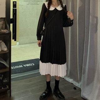 Long-sleeve Doll-collar Two Tone Midi Dress Black & White - One Size