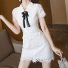 Short-sleeve Tie-neck Mini Sheath Lace Dress