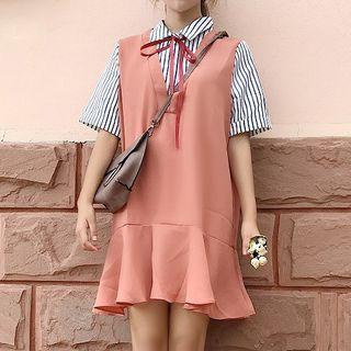 Mock Two-piece Striped Panel Short-sleeve Dress