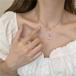 Butterfly Pendant Layered Necklace 3832 - Silver - One Size