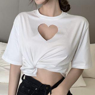 Elbow-sleeve Cut-out T-shirt White - One Size