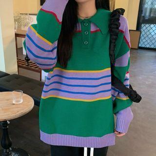 Striped Polo Sweater Sweater - Purple & Green - One Size