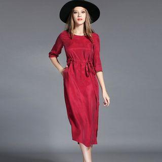Elbow-sleeve Tie-waist Loose-fit Plain Dress