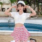Set: Short-sleeve Drawstring Tankini Top + Flower Print Swim Skirt