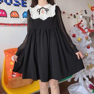 Ruffle Trim Long-sleeve A-line Dress As Shown In Figure - One Size