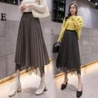 High-waist Pleated Lace Trim A-line Skirt