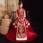 Set: Elbow-sleeve Phoenix Embroidered Chinese Wedding Cheongsam + Maxi Skirt