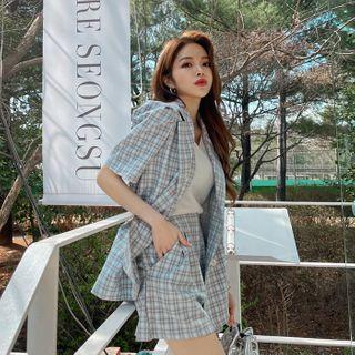 Plaid Set: Puff-sleeve Blazer + Shorts Sky Blue - One Size