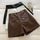 Plain High-waist Faux Leather Zipper Shorts