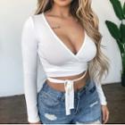 Long-sleeve V-neck Lace-up Blouse