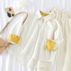 Long-sleeve Color Block Striped Shirt / High-waist Jeans