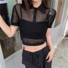 Short-sleeve Cropped Knit Polo-shirt Black - One Size