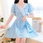 Balloon-sleeve Lace Trim A-line Lace Dress