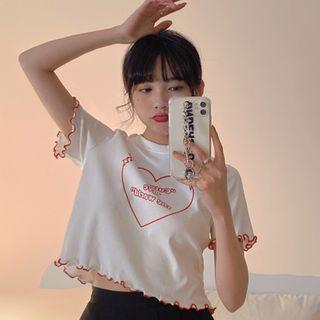 Short-sleeve Ruffle Trim Print Cropped T-shirt