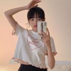 Short-sleeve Ruffle Trim Print Cropped T-shirt