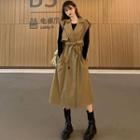 Double-breasted Sleeveless Trench Coat With Belt / Long-sleeve Plain Knit Top