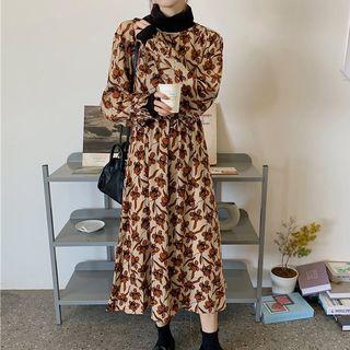 Mock Two-piece Floral Print Long-sleeve Midi A-line Dress