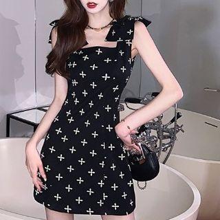 Sleeveless Bow Cross Print Mini Sheath Dress