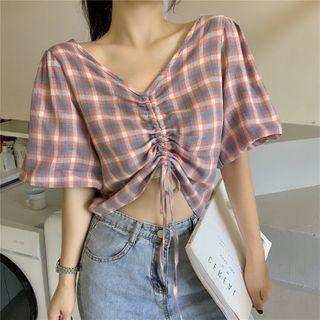 Short-sleeve V-necl Plaid Drawstring T-shirt