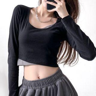 Long-sleeve Mock Two-piece Cropped Dance T-shirt
