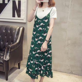 Set: Floral Strappy A-line Dress + T-shirt