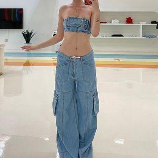Denim Bandeau Top / Wide Leg Cargo Jeans