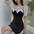 Short-sleeve Two Tone Cold-shoulder Mini Dress